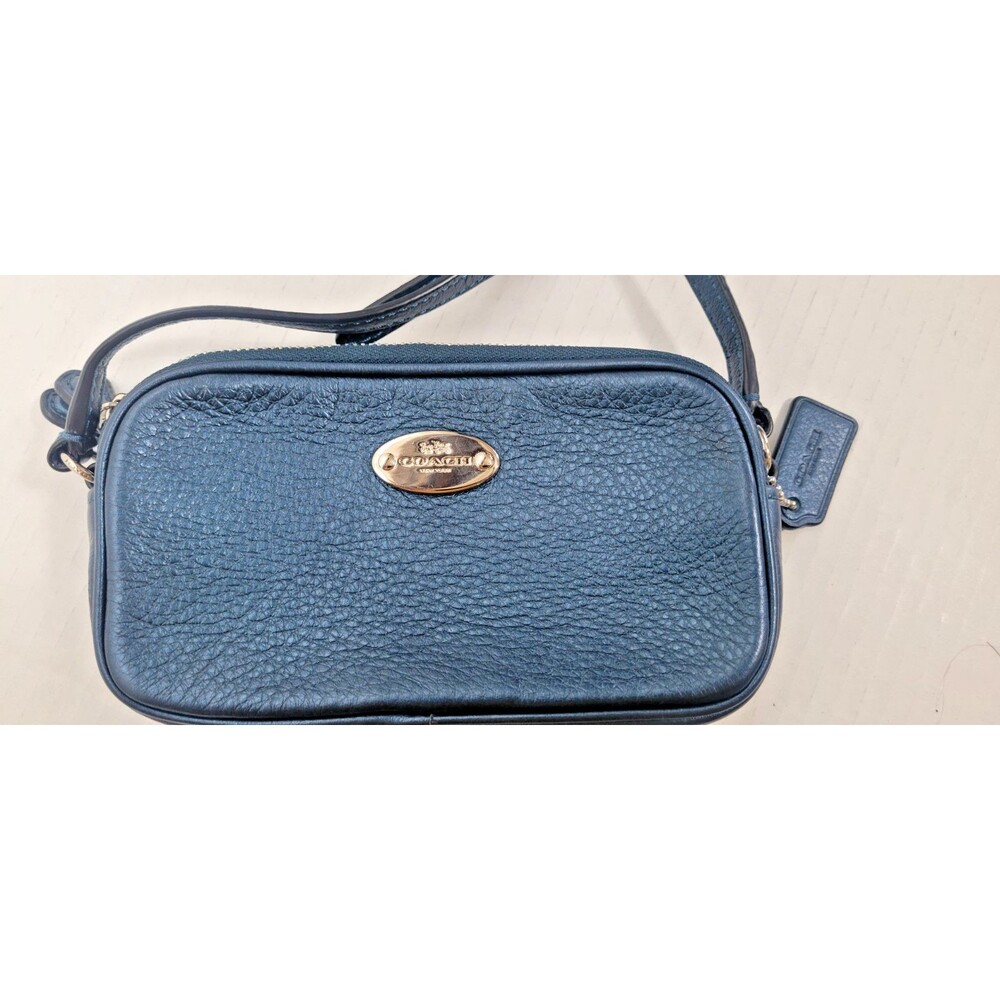 EUC Coach 53372 Blue Metallic Pebbled Leather Mini Crossbody Bag Wallet Purse - Picture 2 of 9